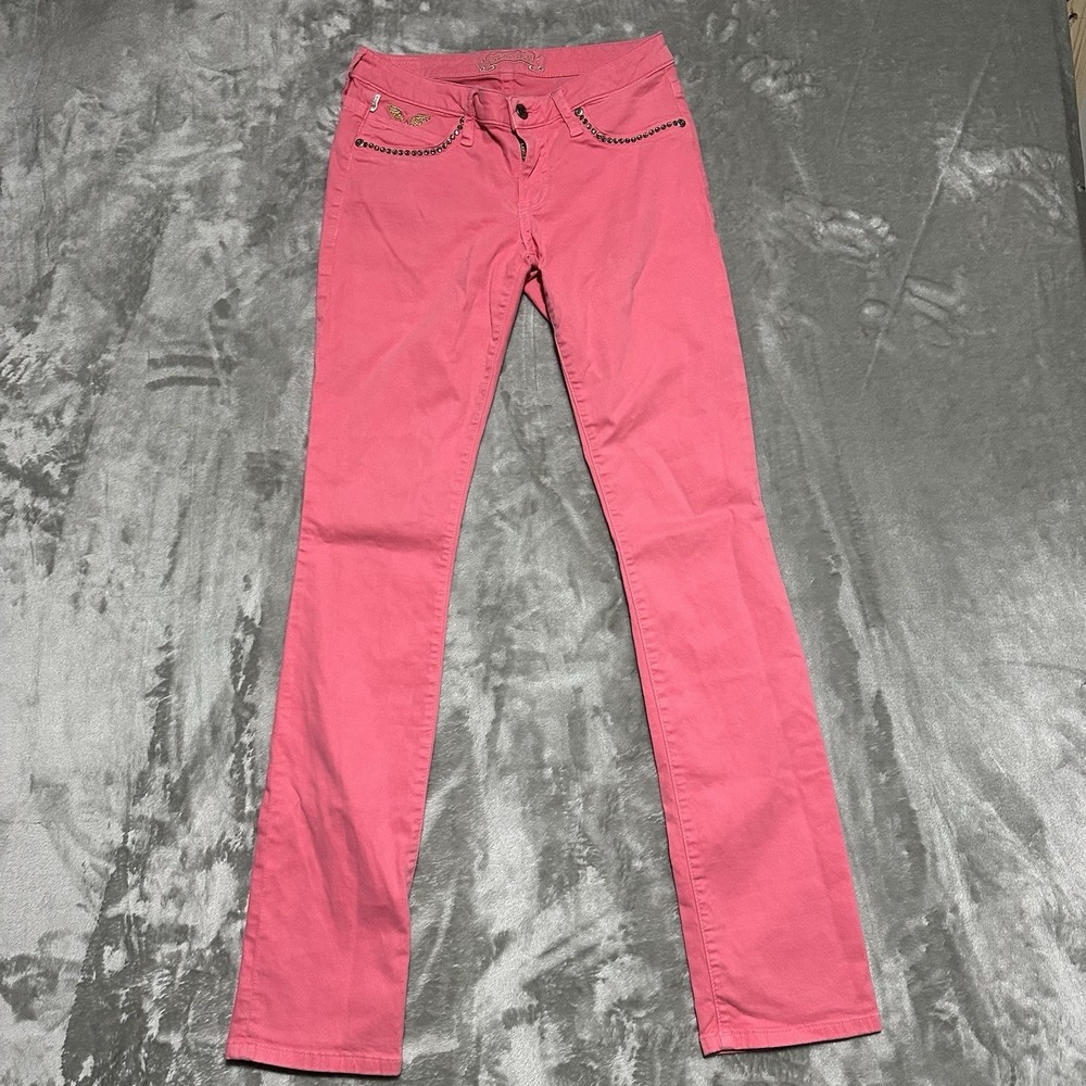 Y2K Robins Marilyn Low Rise Jeans Womens 29 Pink Embroidered Bejeweled Bimbocore - Picture 3 of 14
